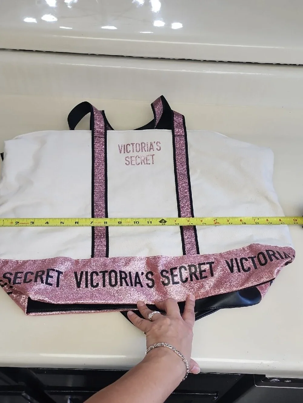 Victoria's Secret White Tote with Pink Glitter Trim